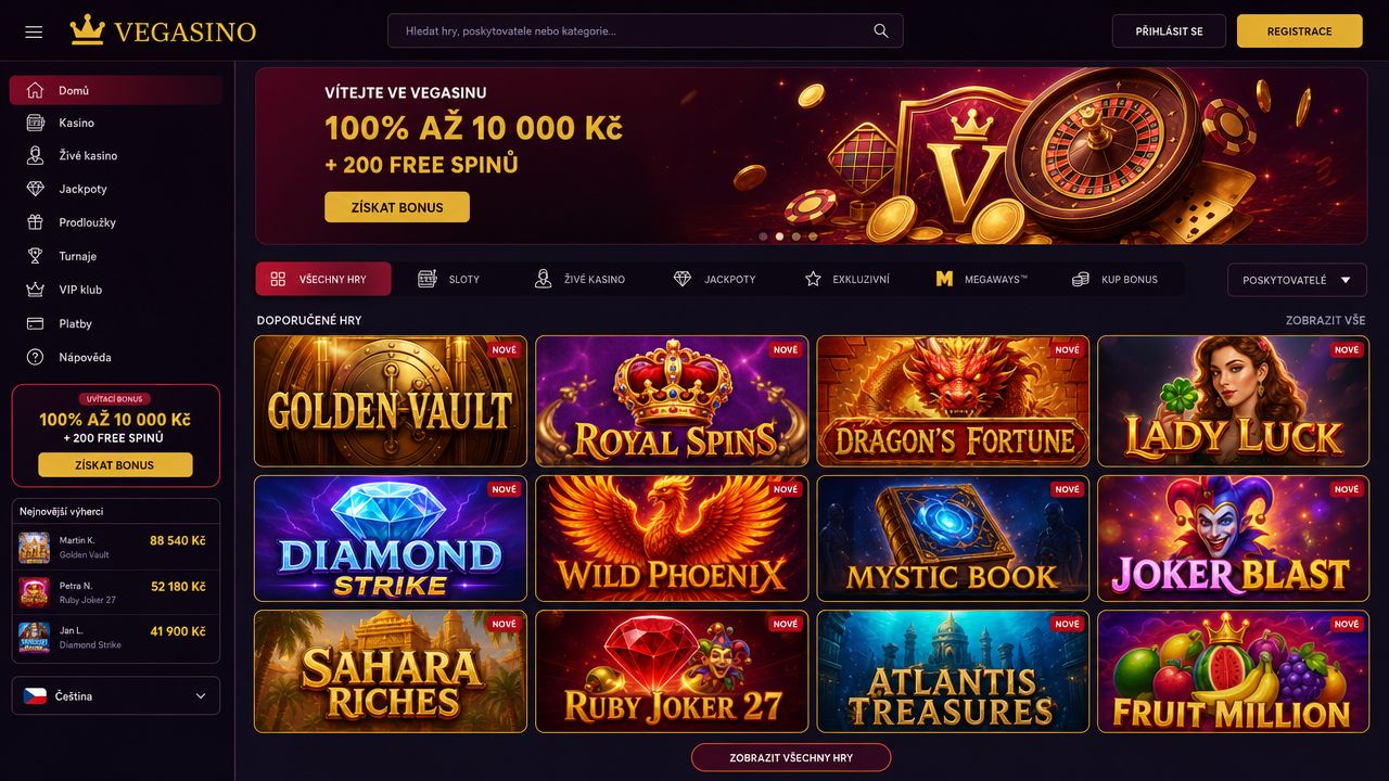 Snímek obrazovky kasina Vegasino