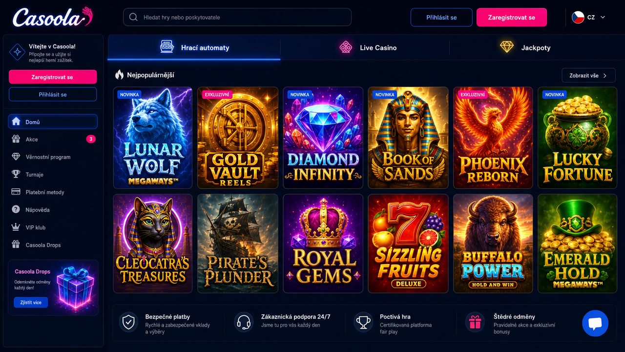 Snímek obrazovky webové stránky Casoola Casino ukazující rozhraní kasina.