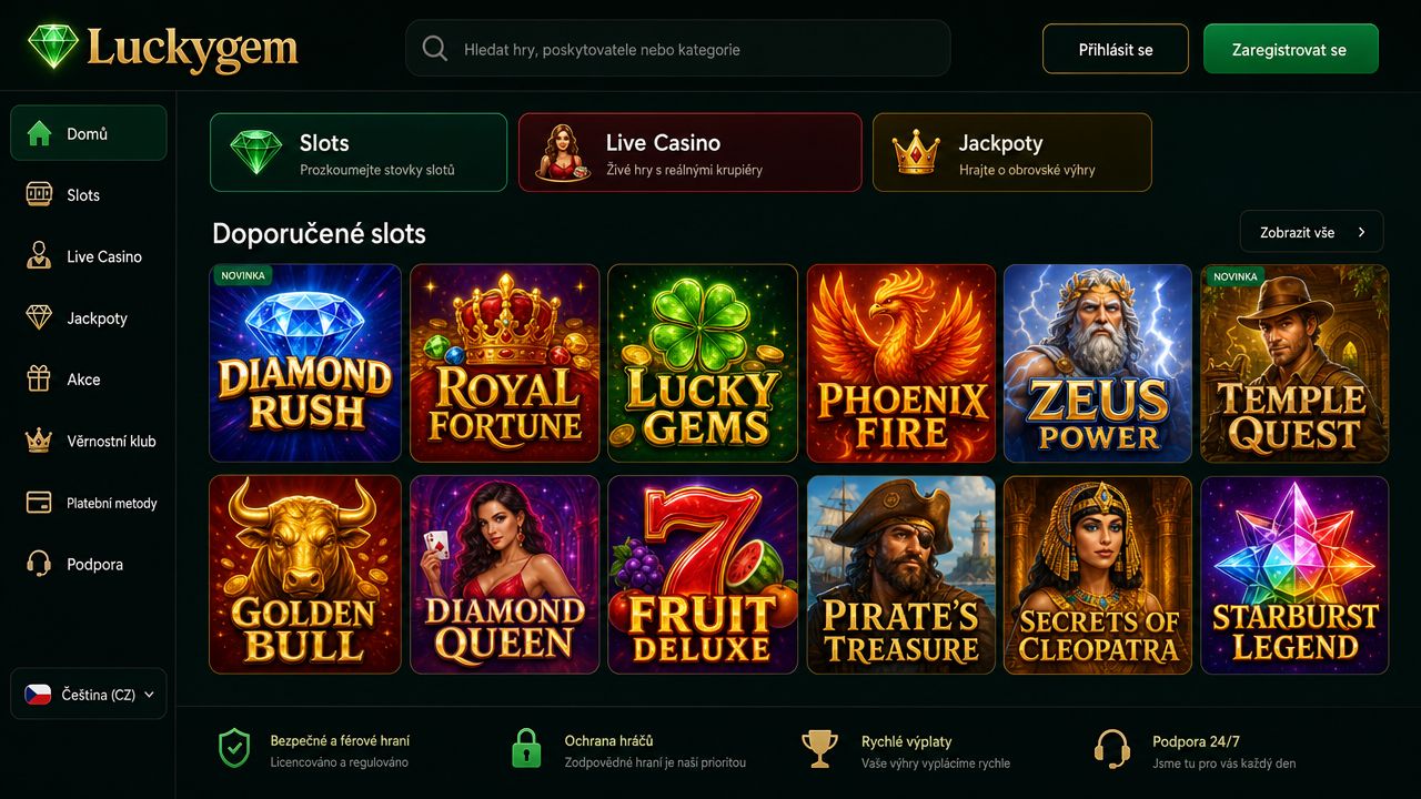 Ukázka webové stránky a herní nabídky online kasina Luckygem